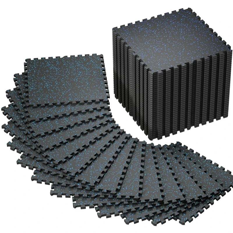 SUPERJARE 0.56'' Thick 48 Pcs 192 Sq Ft Rubber Top Exercise Equipment Mats, High Density EVA Foam Mats with Rubber Top, Interlocking Gym Flooring for Home Gym, Protective Workout Mat, Black/Blue