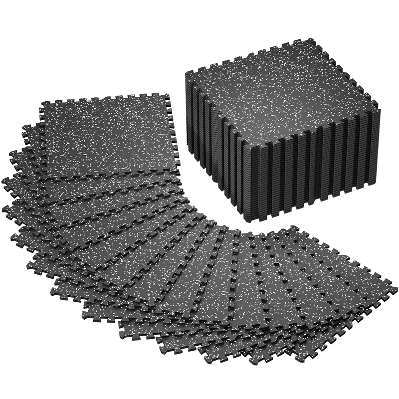SUPERJARE 0.4'' Thick 48 Pcs 192 Sq Ft Rubber Top Exercise Equipment Mats, High Density EVA Foam Mats with Rubber Top, Interlocking Gym Flooring for Home Gym, Protective Workout Mat, Black/Grey