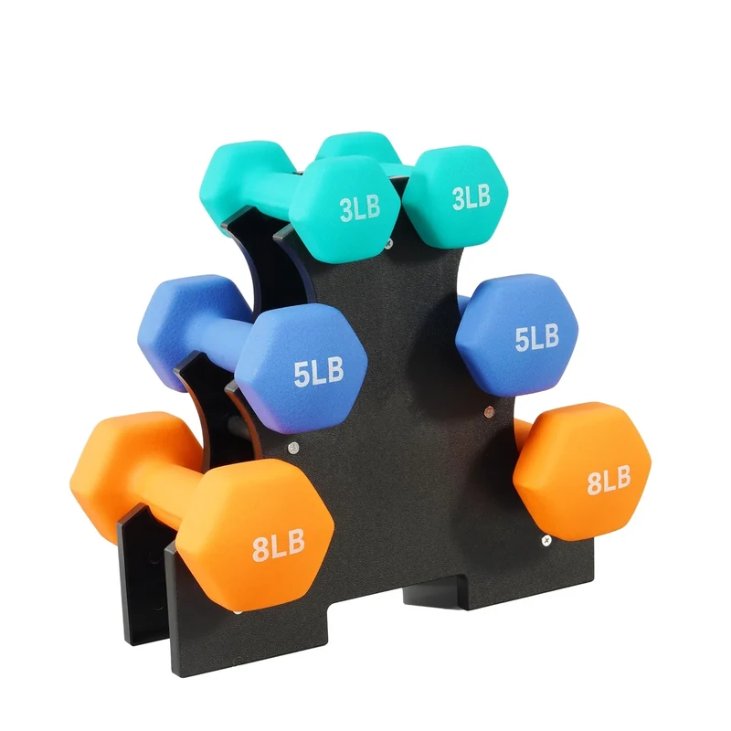 Fitvids Colored Neoprene Dumbbell Set with Rack Multiple Weight Options 32LBS 3 5 8LB Pairs Color Series