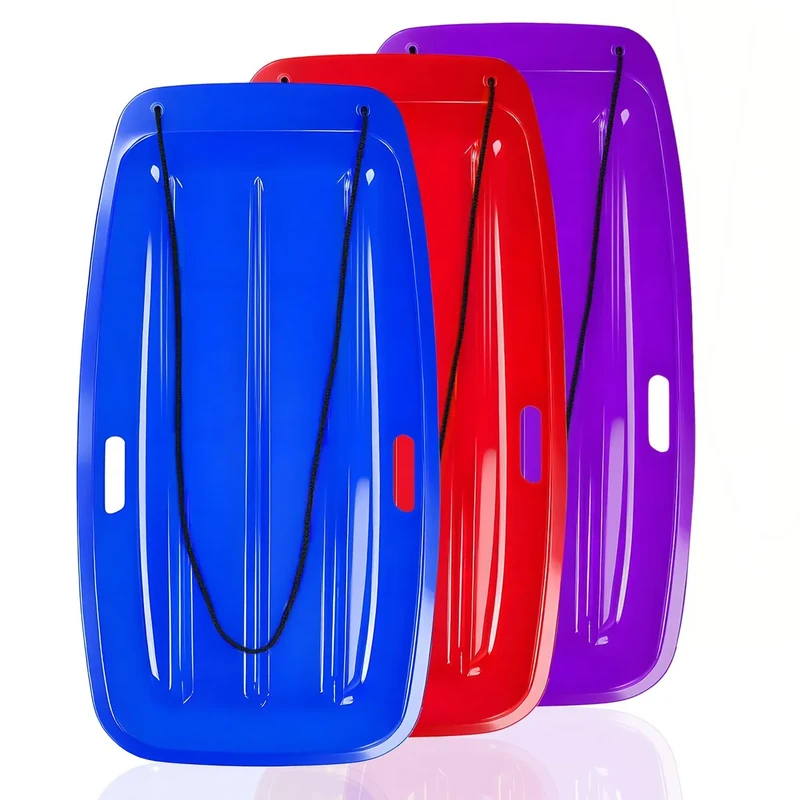 Snow Sled for Kids: 35", Cold-Resistant, Anti-lateral Drift, Included Rope, One Handle per Side, Fast, Stable, Stackable, Easy to Carry, Toboggan Sleds for Snow Days, Blue Red Purple