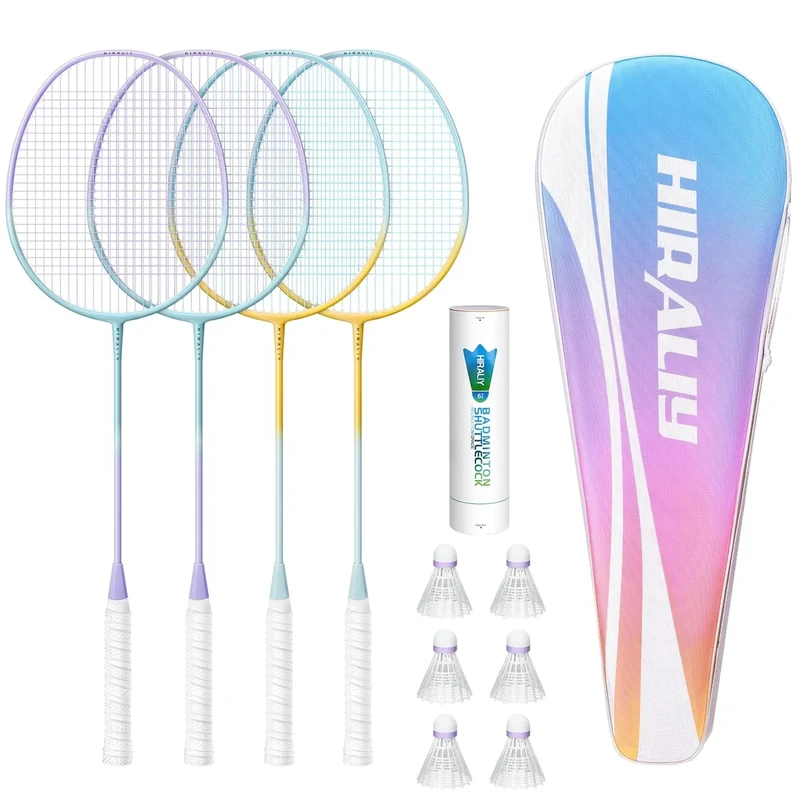 HIRALIY Badminton Rackets Set for Backyards, Badminton Set, Includ 4 Rackets, 6 Birdies, 1 Carrying Bag, Outdoor Game for Adult Family Beginner (4 Player(4 Racket 6 Birdies))