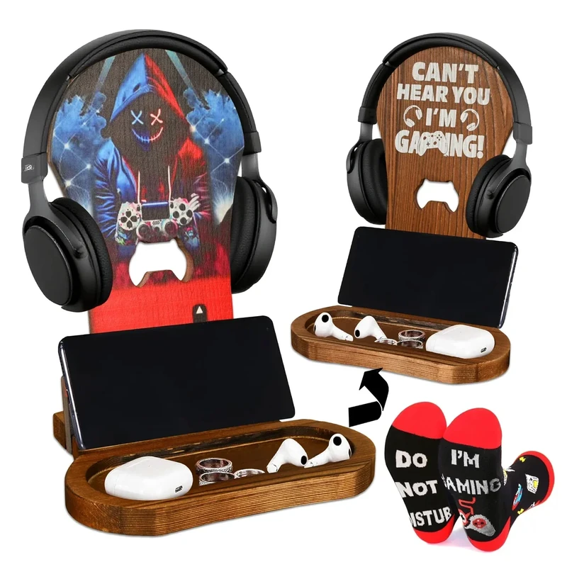 PAVQWEJ Gamer Gifts for Men Boys Teen Christmas, Gaming Room Decor Gifts for Brother Men Son Dad Husband Friends Gamer, Game Room Accessories Stuff, Wooden Headset Stand - Can't Hear You I'm Gaming