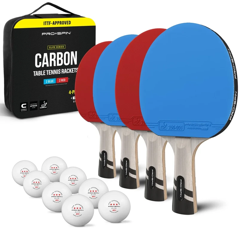 PRO-SPIN Ping Pong Paddles Set of 4 – ITTF Approved Carbon Table Tennis Rackets and Balls – Professional Quality Set with 8 Tournament-Grade Ping-Pong Balls (Blue/Red)