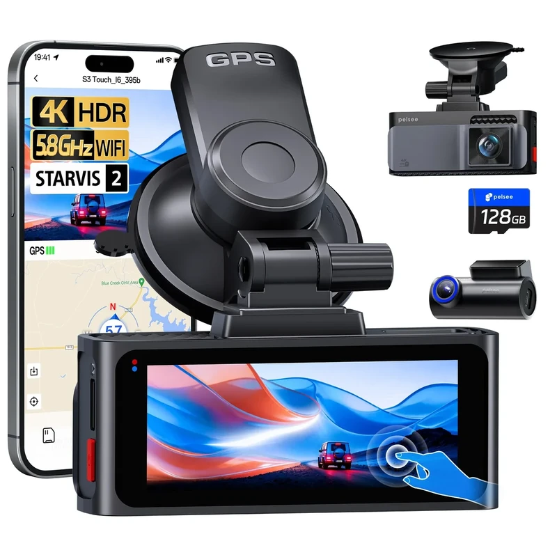 Pelsee S3 Touch 4K Dash Cam Front and Rear, STARVIS 2 Sensor, STARLIT™ Full Color Night Vision, 128GB Card, WiFi 6, ADAS, Dash Camera for Cars with 3.39"IPS Screen, Voice Control, 24H Parking Mode GPS