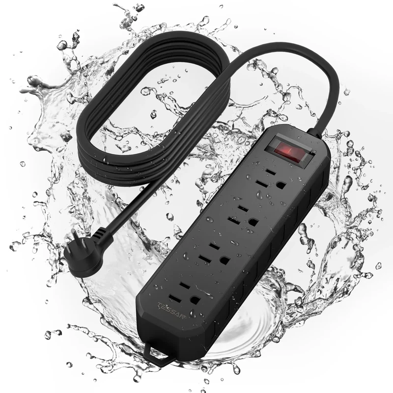 TESSAN Outdoor Power Strip Weatherproof, 6FT Extension Cord Waterproof with 4 Outlets 1 Switch (1250W), Surge Protector 1700J, Wall Mountable for Home Office and Patio Christmas Lights, Black