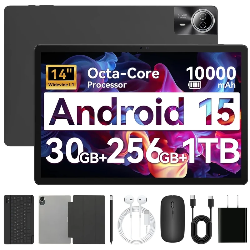URAO Tablet｜14 inch Android 16 Tablet｜30GB RAM 256GB ROM｜1920 * 1200 IPS FHD｜10000mAh 30W Fast Charging｜Octa-core Processor｜Wi-Fi 6, BT 5.4｜Dual Camera with Keyboard｜Mouse｜Stylus｜Case｜Headphone