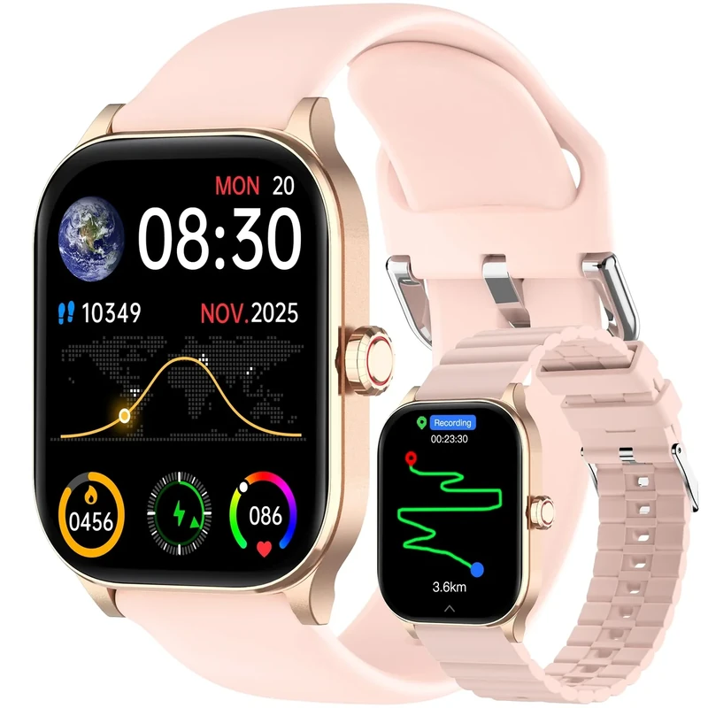 Smart Watch with Built-in GPS, 1.96" HD Display, Answer/Make Calls, 100+ Sport Modes, Heart Rate/Sleep/SpO2 Monitor, Fitness Activity Tracker for Android and iPhone, for women men, 2 Bands, Pink