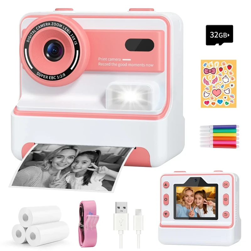 Yunaking Kids Instant Print Camera - 32GB Card, Pink, Ages 3-12
