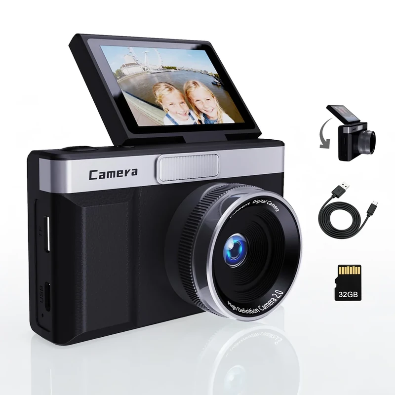 Black Digital Camera with 2" Flip Screen for Selfie, 1080P Point and Shoot Digital Camera with 32GB Card, 8X Zoom, Portable Vlogging Camera for Kids, Teens & Beginners