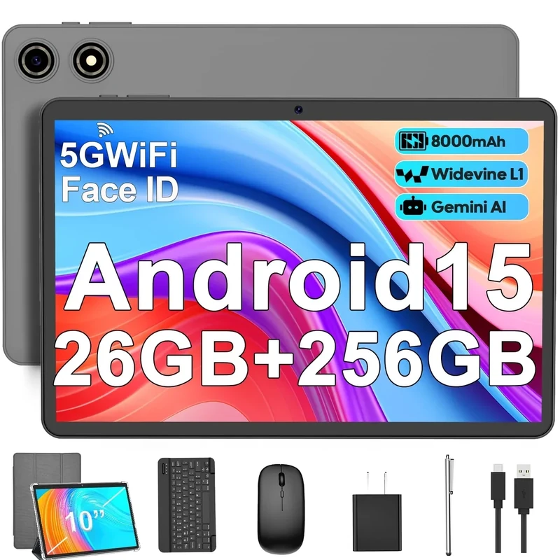 Android 15 Tablet with Keyboard - 26GB RAM + 256GB ROM , 2TB Expand, 10 inch 2-in-1 Tablets with 5G/2.4G WiFi, 8000mAh, BT5.0, 5MP+13MP, Split Screen, Widevine L1, Mouse, Case, Stylus,(Silver Case)