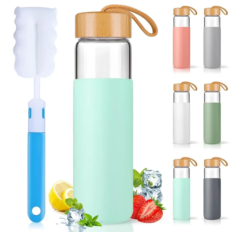 Yomious Borosilicate Glass Water Bottles with Silicone Sleeve BPA Free, Dishwasher Safe - Reusable Clear Glass Drinking with Leak Proof Bamboo Lid (Pure Blue, 25 Ounces)
