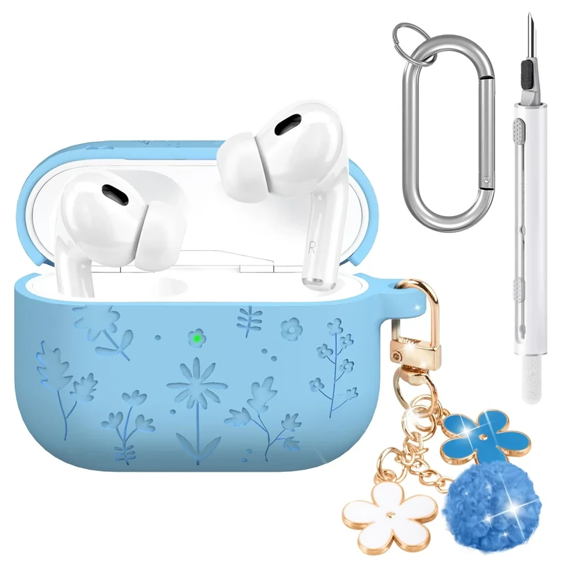 Seltureone AirPods Pro 3 Case - Baby Blue Cherry Blossom Keychain