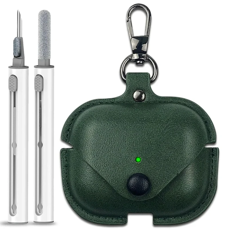 for Airpods Pro 3 Leather Case Cover with Cleaner Kit [Front LED Visible] Protective Cover for Apple AirPods Pro 3 (2025) Wireless Charging Shockproof Case with Keychain and Snap Lock (Green)