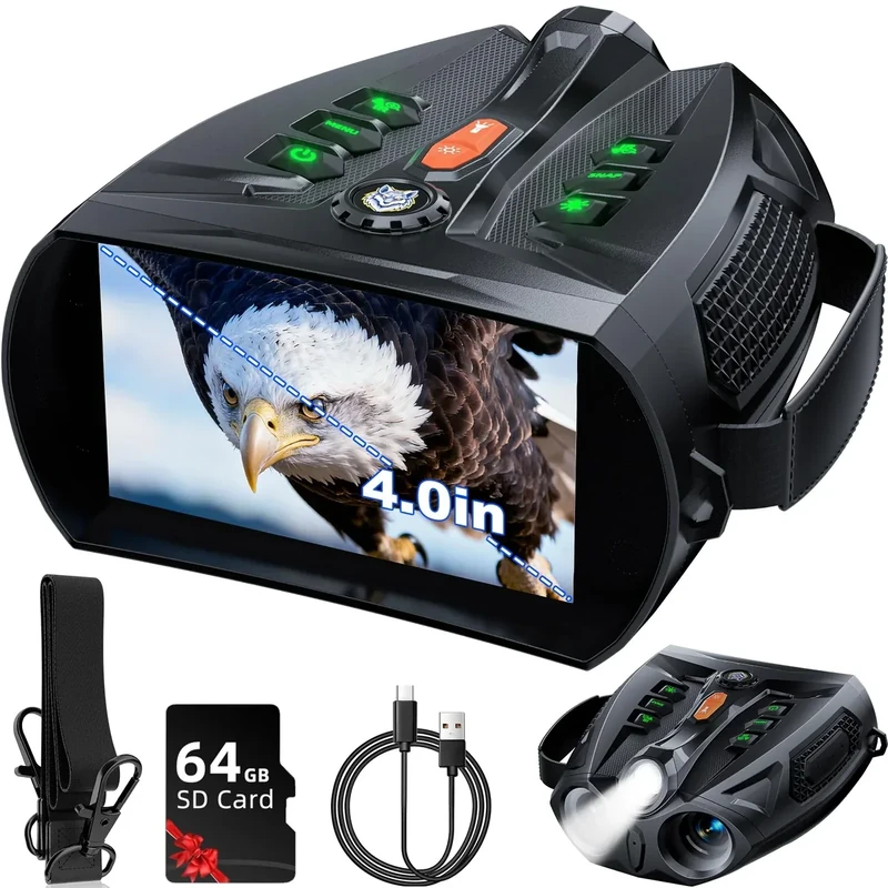 4K Night Vision Goggles, 4.0" HD Screen Night Vision Binoculars with 5000mAh Rechargeable Battery, 64GB TF Card for Photo & Video, Infrared Binocular for Adults, Camping, Wildlife Observation