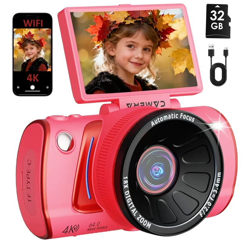 RAZPLYN 4K Digital Camera for Photography Autofocus,64MP WiFi Vlogging Camera with 3” 180° Flip Screen for YouTube,18X Zoom Travel Camera for Beginners,32GB Card & Rechargeable Battery (Pink)