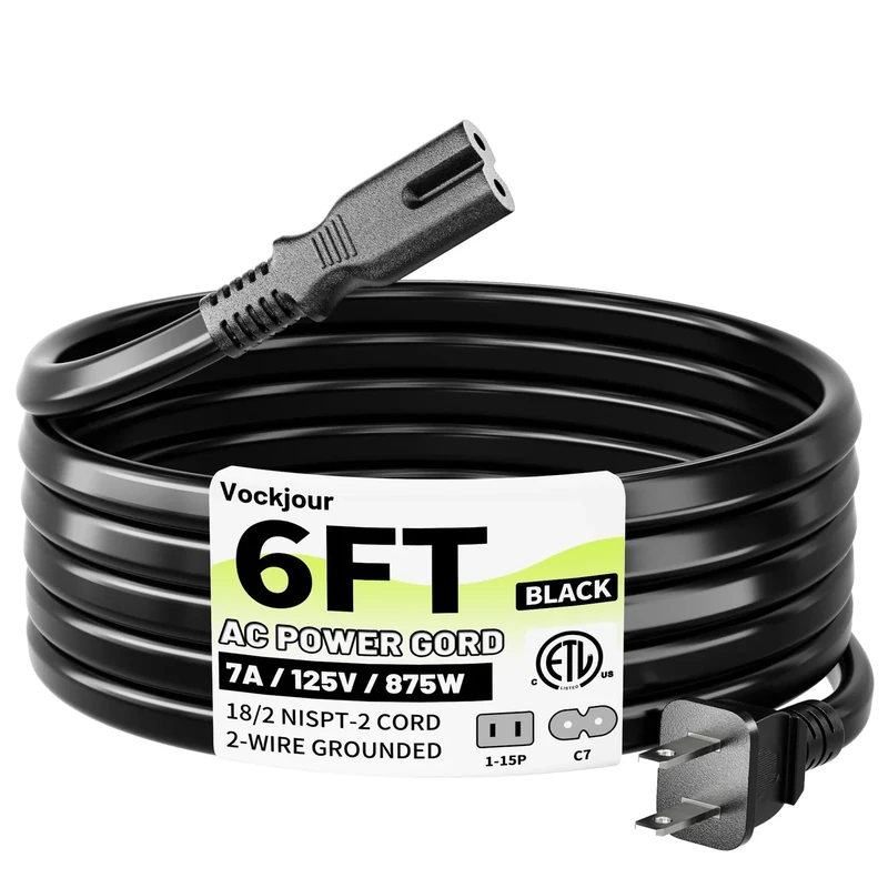 Vockjour 2 Prong AC Power Cord 6Ft Black, Universal Power Cable Replacement for Sony PS5/PS4/PS3 Slim, PlayStation 5 4 3, Xbox One X/S, Xbox Series X/S, TV, Printer-ETL Listed