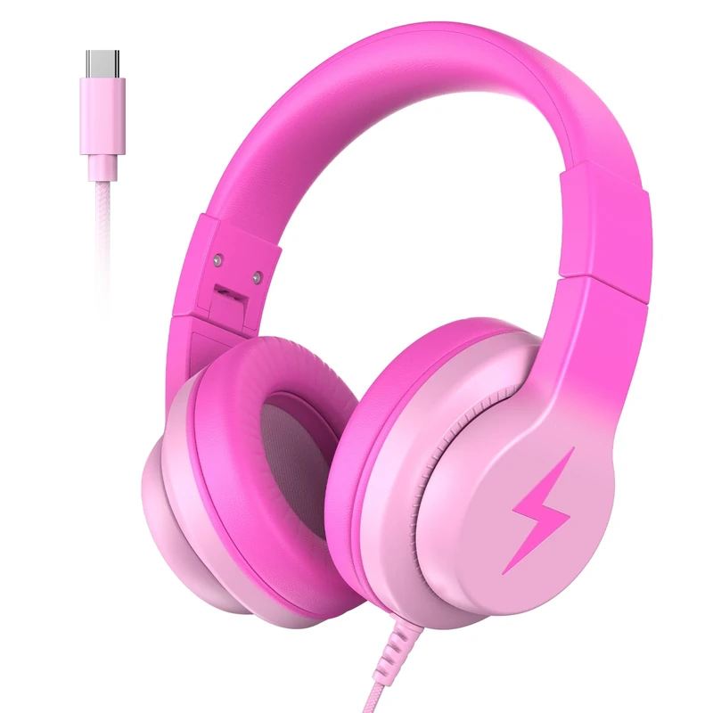 Wired Kids Headphones, USB Type C Headphones for Kids, 85dB Safe Volume, HD Stereo Sound, Comfortable Fit, Adjustable & Foldable,Ideal for School/ Travel (Gradient Deep Pink, Without Microphone）