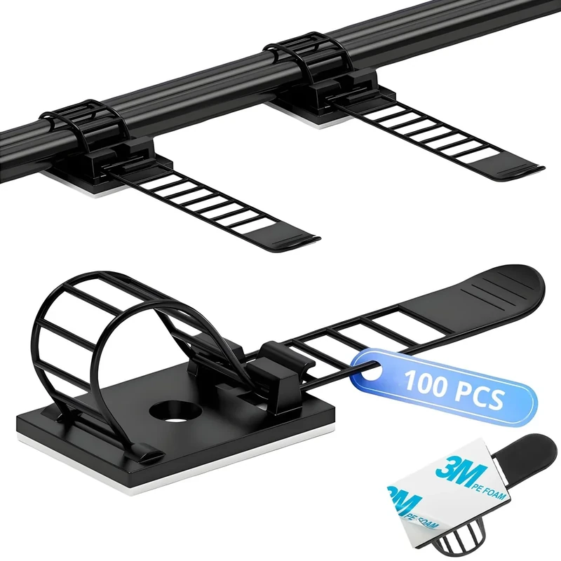 SZFUDIGO Adjustable 3M Adhesive Cable Management Clips 100Pcs, Large self Adhesive Cable Ties Clips ，Suitable for Cable Management Under desks and on Walls(Black)