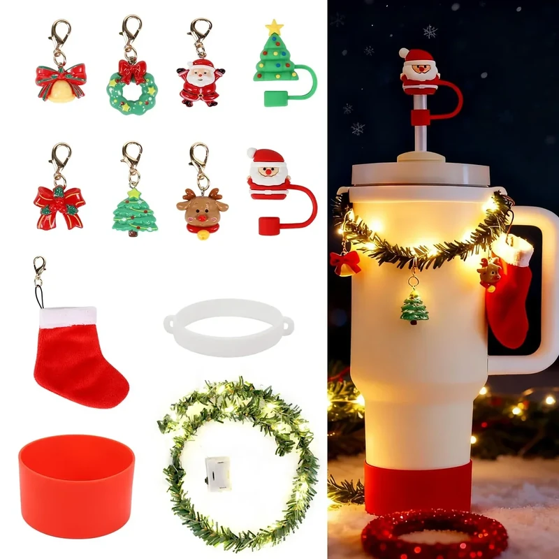 3tyto 12Pcs Stanley Cup Accessories Set Including Light Up Christmas Garland, Straw Toppers, Silicone Boot, Water Bottle Charm for Stanley Tumbler 40oz&30oz