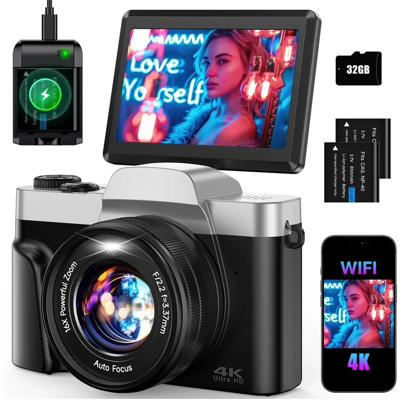 TEBNGIHNM 64MP 4K Camera - 3" 180-degree Flip, 16X Zoom, Travel