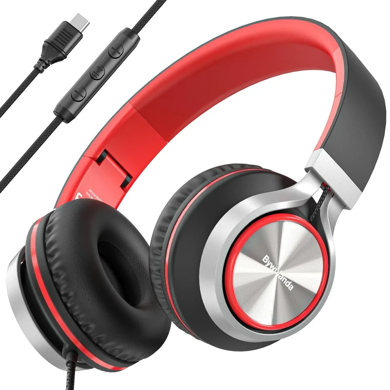 Bywulanda USB C Headphones with Mic and Volume Control, Over Ear Stereo Headsets for iPhone 15 16 Pro, Wired Foldable Headphones for Smartphones Chromebook Laptop Tablets Travel(Red)
