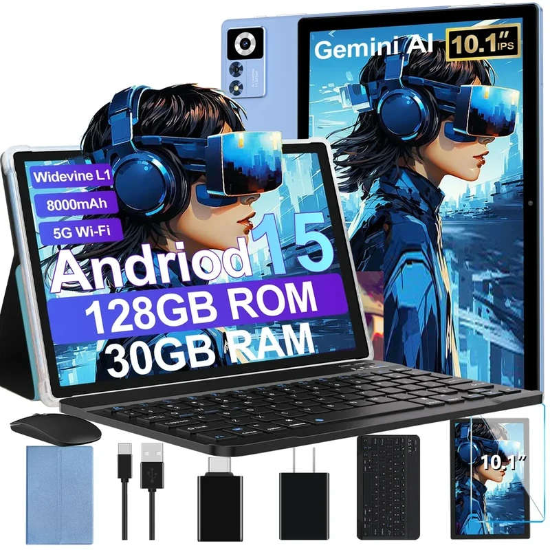 2025 Android 15 Tablet with Keyboard | Gemini AI, 30GB+128GB Octa-Core Electronics Tablets w/ 10 Inch IPS HD Display, 8000mAh, 5G WiFi, 1TB Expand, Mouse+Case, BT 5.0, Widevine L1, Metal Body -Blue