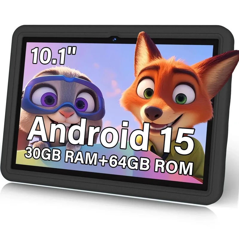 DMOAO 10.1 Inch Kids Tablet Android 15-30GB RAM+64GB ROM(1TB Expandable), Octa-Core 2.0GHz, Anti-Blue Light Screen, 6000mAh, WiFi 6, 5MP+8MP, Parental Controls, EVA Case, Preloaded Edu Apps - Black