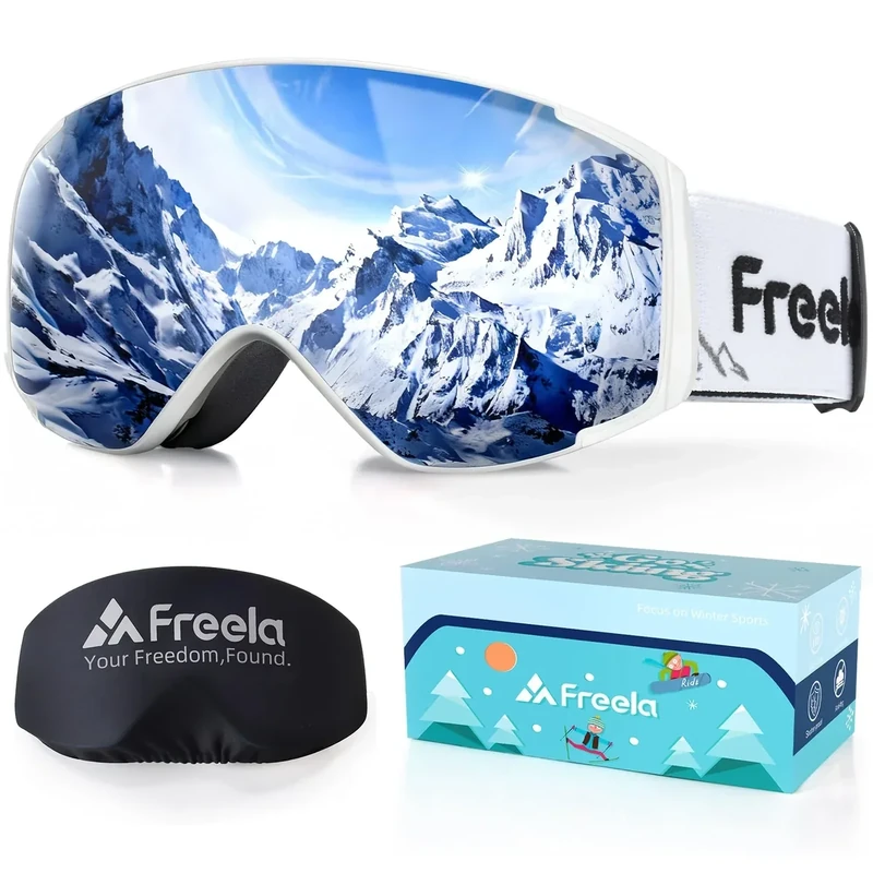 Freela Ski Goggles, White Snowboard Goggles Skiing Snow Winter Sports Glasses for 4-6 10-12 8-12 6-14 Kids, Anti Fog UV Protection Snowboarding Goggles for Boys Girls Toddlers Youth with Ski Helmet