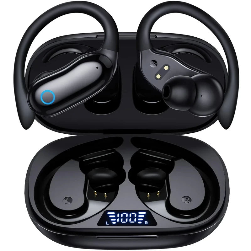GNMN Ear Buds Wireless Earbuds 96hrs Playback Bluetooth Headphones IPX7 Waterproof Stereo Bass Over-Ear Earphones with Earhooks Microphone LED Battery Display for Sports/Workout/Gym/Running Black