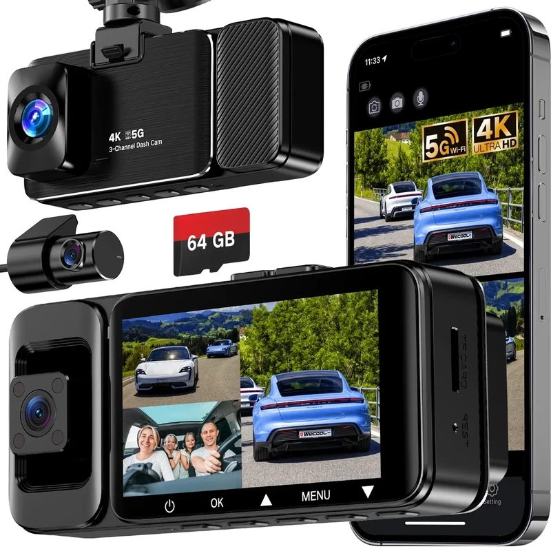 WECOOL 4K UHD 3-Channel Dash Cam Front Rear Interior - Free 64GB Card