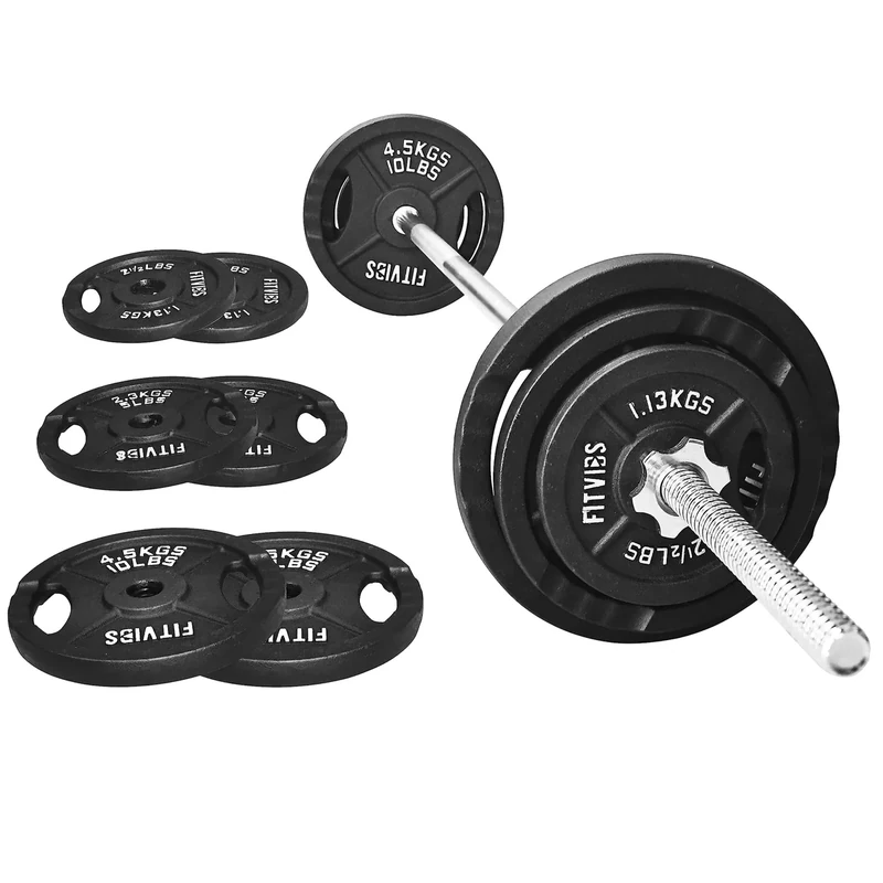 Fitvids Barbell Weight Set, Cast Iron 1" Standard Weight Plates Including 5FT Bar & Star Locks, Style #3, Black