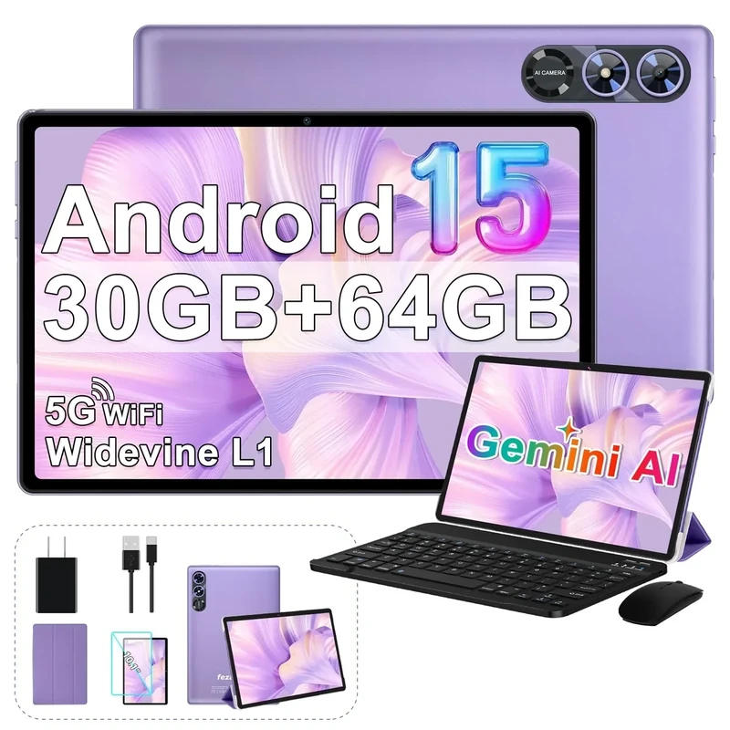 2026 Tablet 10 Inch Android 15 Tablets with Keyboard 30GB RAM 64GB ROM, Octa-Core 2-in-1 Tablet with Gemini AI, 5G WiFi, 6000mAh, HD IPS Display, GPS, Widevine L1, Split Screen, Mouse & Case -Purple