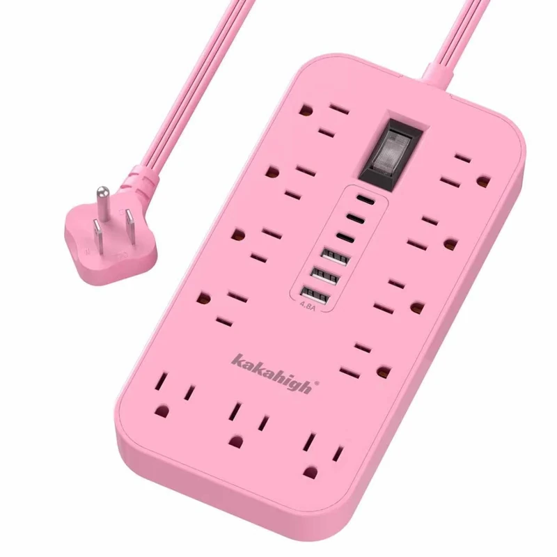 Pink Extension Cord with Multiple Outlets- 5 FT Kawaii Power Strip, Cute Extension Cord with 11 AC Outlet 6 USB (24W/4.8A), Charging Station for Cute Pink Kawaii Desk Home Room Decor Essentials Gifts