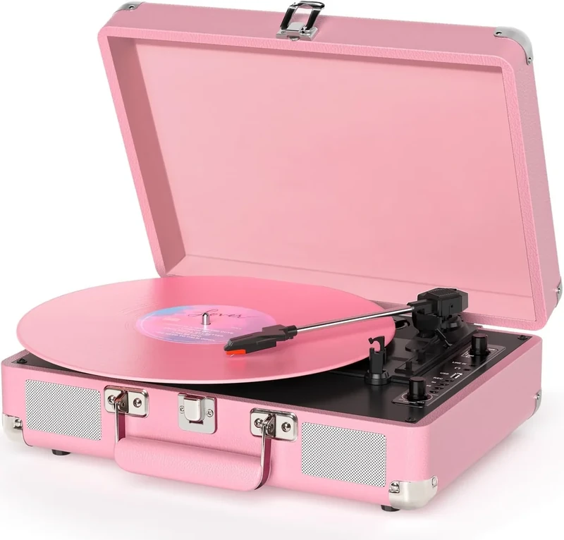Vinyl Record Player Bluetooth 3-Speed Portable Suitcase Turntable with Built-in Speakers, USB Recording Vinyl to MP3, RCA, AUX & Headphone Output Pink