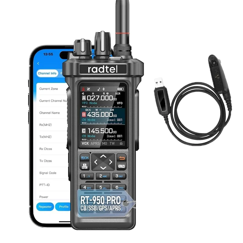 Radtel RT-950 PRO Ham Radio TX GPS/APRS, 10W Walkie Talkie Long Range Handheld Two Way Radio, AM/FM/CB/SW/MW/LW RX, Bluetooth APP Programming, NOAA, Spectrum Analyzer (with Programming Cable)