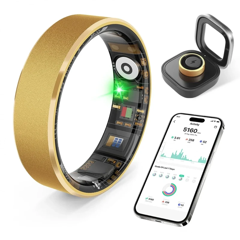 prxxhri Smart Health Ring, Featuring Heart Rate, Stress and Sleep Monitoring Functions, Compatible with iOS and Android, Waterproof Fitness Tracker for Women & Men, No Subscription Fee. (Gold, 9)