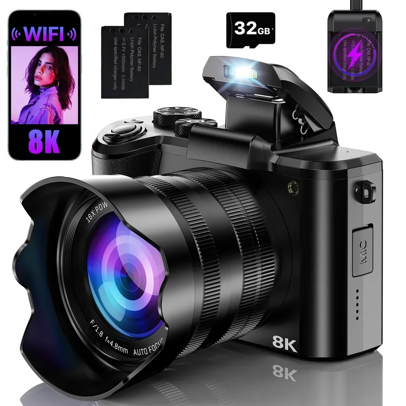 FlyFrost 8K 88MP Dual-Lens Vlog Camera - WiFi, 16X Zoom, Touchscreen