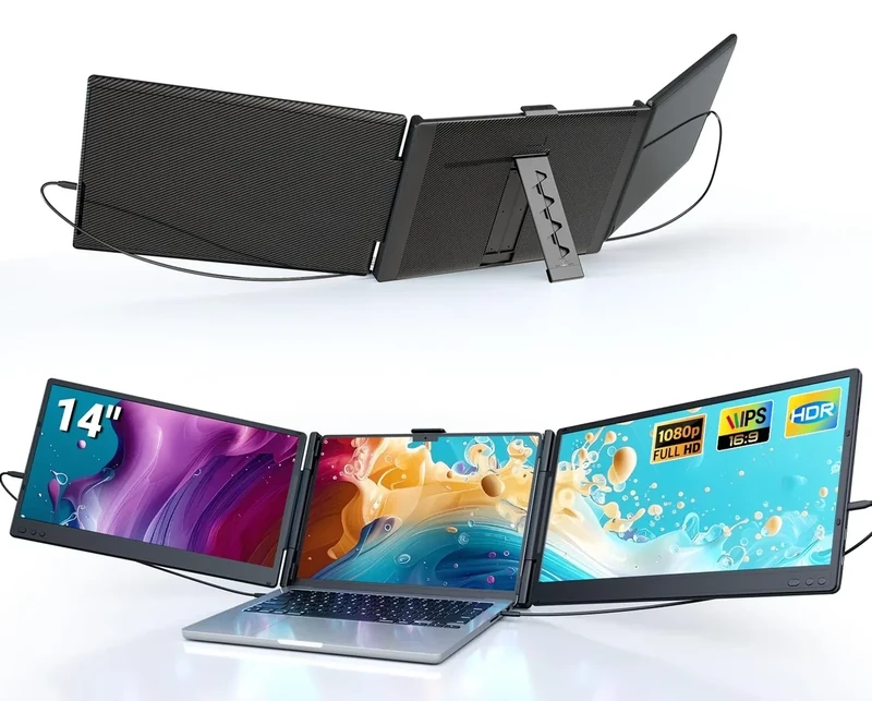 Ygretyrjh Laptop Screen Extender, 14" Triple Portable Monitor for Laptop, 1080P FHD IPS Screen Extender Monitors for 13"-17", Travel Monitor for Mac/Windows/Chrome, Built-in Speakers