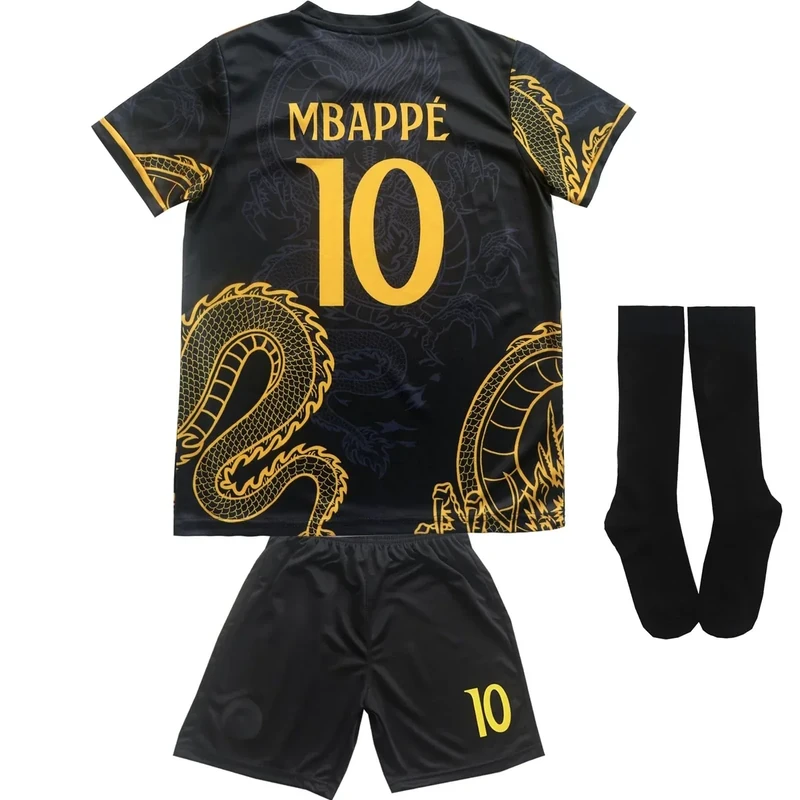 LeenBD Mbappe No #10 Madrid Special Gold Dragon Edition Kids Soccer Jersey Shirts Football Futbol Socks Set Youth Sizes (Black, 16 (3_4 Years Old))