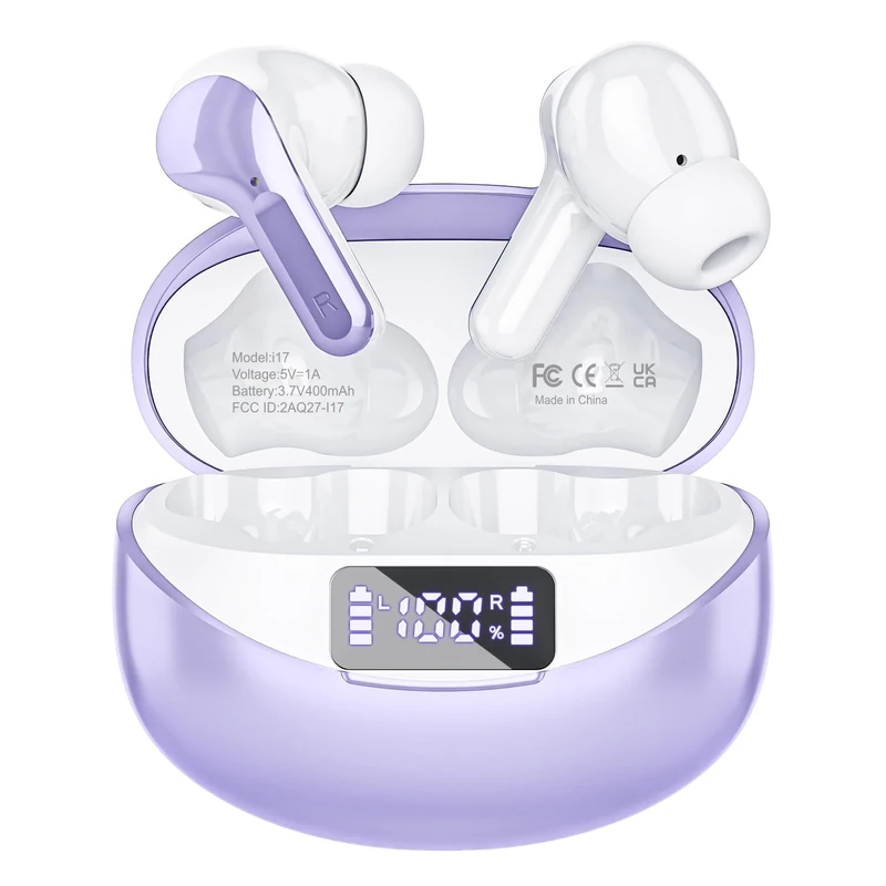 Fhumsh Wireless Earbuds, 50H Playback LED Digital Display Ear Buds with Bluetooth 5.3 Headset, IPX7 Waterproof Earphones for Running/Workout Purple
