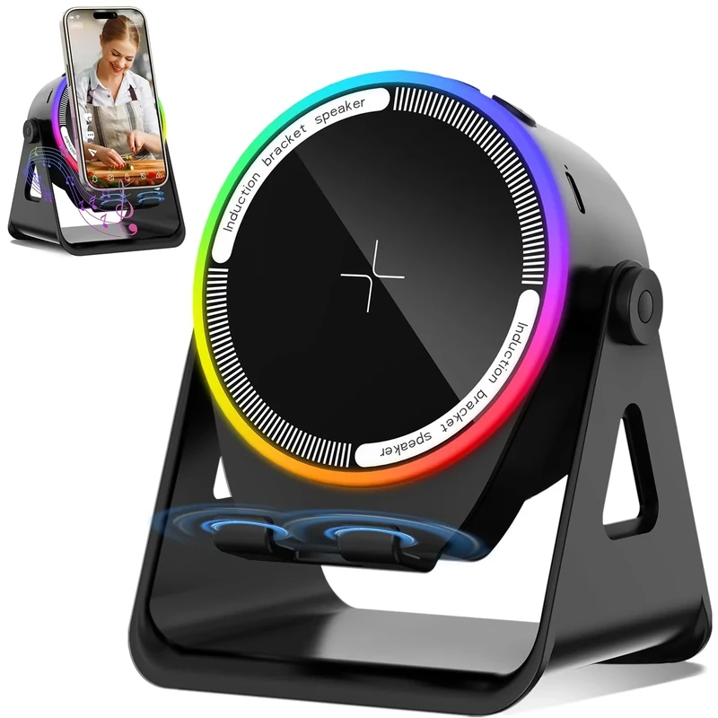 MRMORALE Wireless Induction Speaker, Multifunctional Bluetooth Phone Holder with RGB Light & 360 Rotation, HD Surround Sound, Compatible with iPhone/iPad/Android/Samsung
