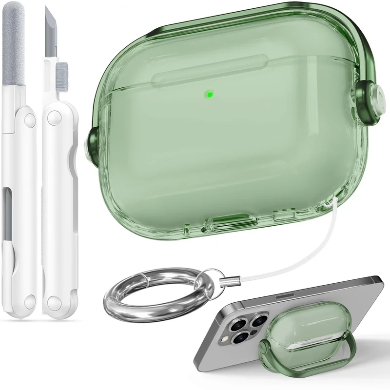 Wowwat AirPods Pro 3 Clear Green Case with Safety Lock, Stand & Cleaner