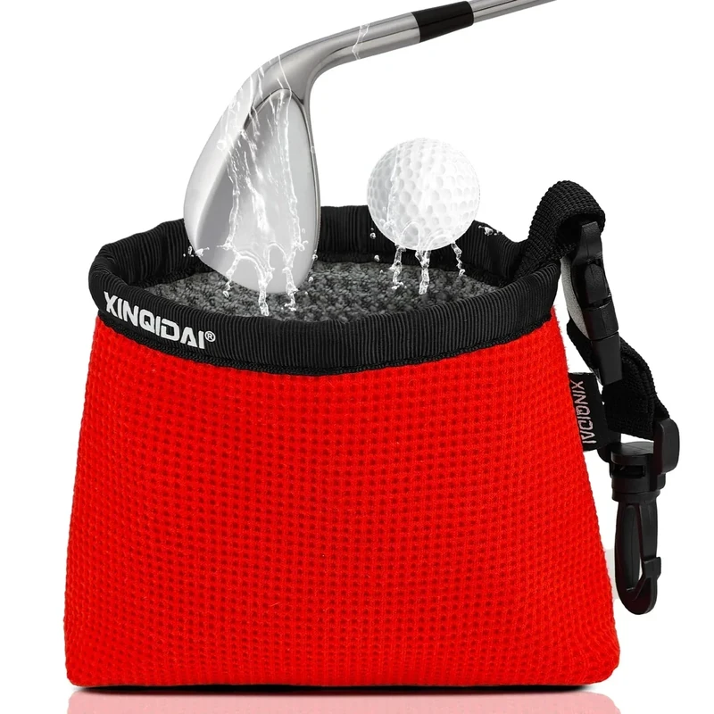 XINQIDAI Golf Club and Golf Ball Cleaning Bag - Cleans Club Grooves, Waterproof Clean Face Tech, Detachable Clip, Machine Washable, Stay-Dry Exterior,Gift for Men (1, RED)
