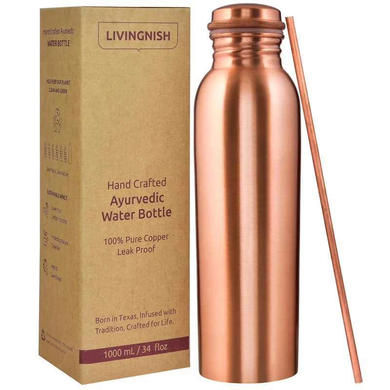 LIVINGNISH 100% Pure Copper Water Bottle for Drinking – Extra Large 34 Oz Wide Mouth, Classic Plain Ayurvedic Copper Gift for Him and Her – Handcrafted Leak-Proof Vessel, Reusable & BPA-Free