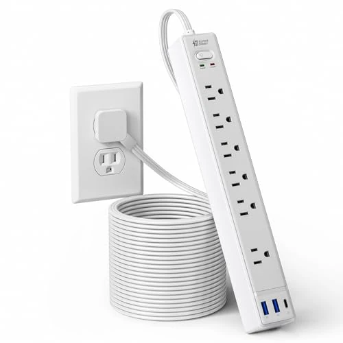 SUPERDANNY 15ft Flat Plug Surge Protector - 6 Outlets & 3 USB Ports