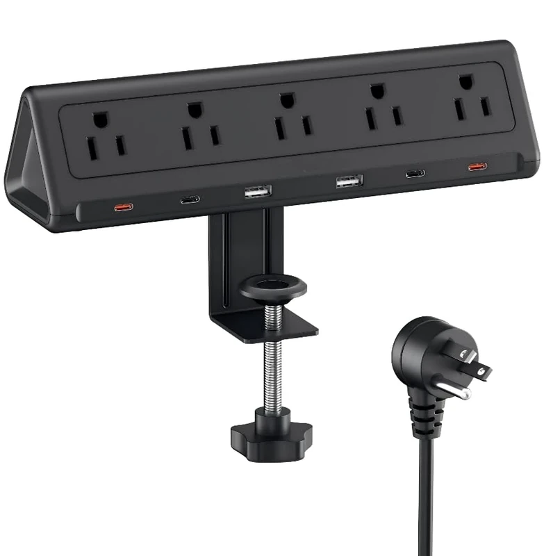 6.5 FT Desk Clamp Power Strip with 5 AC Outlets & 6 USB Ports PD 40W USB-C Fast Charging, 1250J Surge Protector, Fits 2.1 in top Edge Black