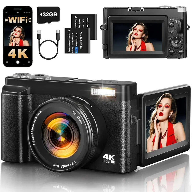 XNSIAKXA 4K 64MP WiFi Camera - 3'' Flip Screen, 16X Zoom, 2 Batteries