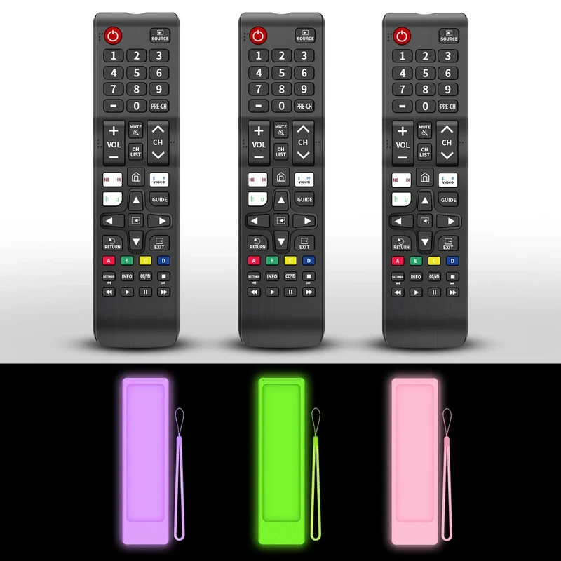(3+3 Packs) Replacement Remote Control No Setup Fit Samsung TV Remote with Anti-Lost Soft Protective Silicone Cover Case Green & Pink & Purple Compatible with Samsung LCD LED HDTV 3D Smart TVs Models