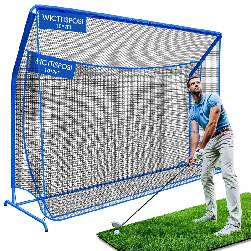Golf Hitting Net with Extra Striking Net, 10x7ft Heavy Duty Golf Practice Net for Golfer Backyard Driving Swing, Golf Impact Net Cage Metal Frame with Storage Bag and Elevated Base, Indoor Outdoor Use