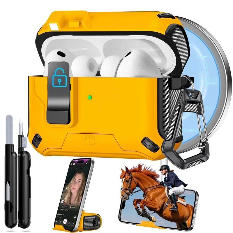 Ekoonpft for AirPods Pro 3 Case 2025, Safety Lock & Hidden Phone Stand Design for Apple AirPods Pro 3rd Generation Case Cover with Cleaner Keychain for Men Women, Compatible with MagSafe